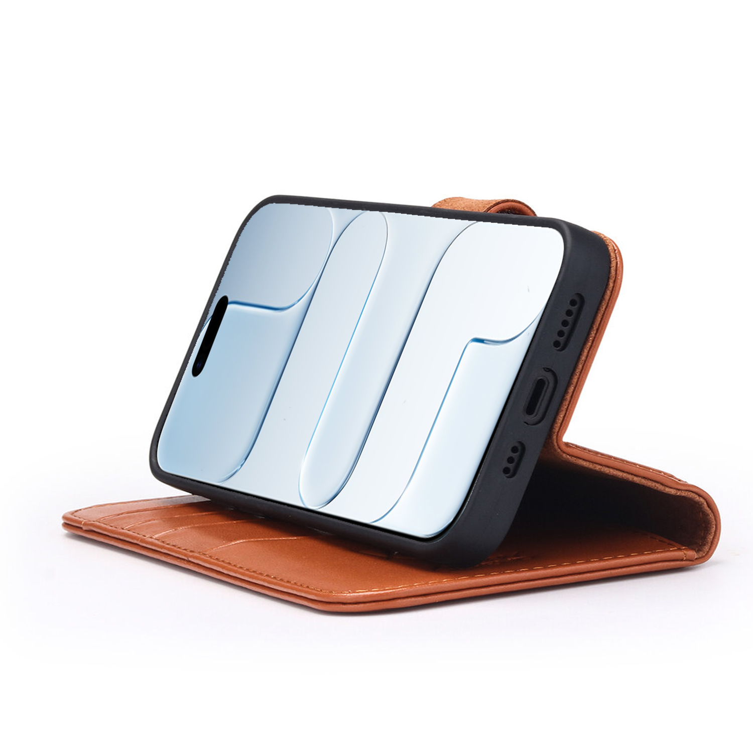 Un smartphone dans un étui portefeuille en cuir marron. L'écran du téléphone affiche un motif abstrait bleu et blanc.