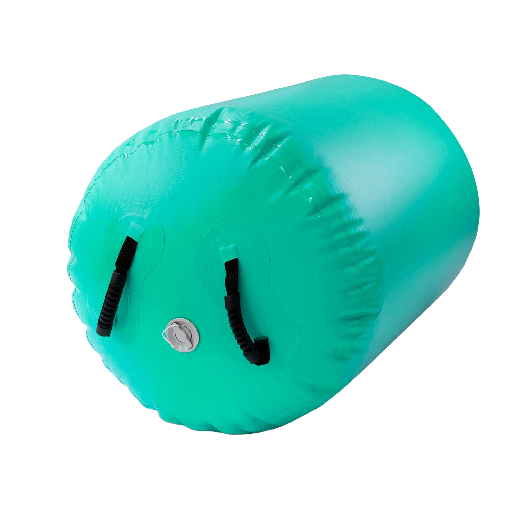 Turkusowy nadmuchiwany cylinder z czarnymi uchwytami i zaworem na czarnym tle.