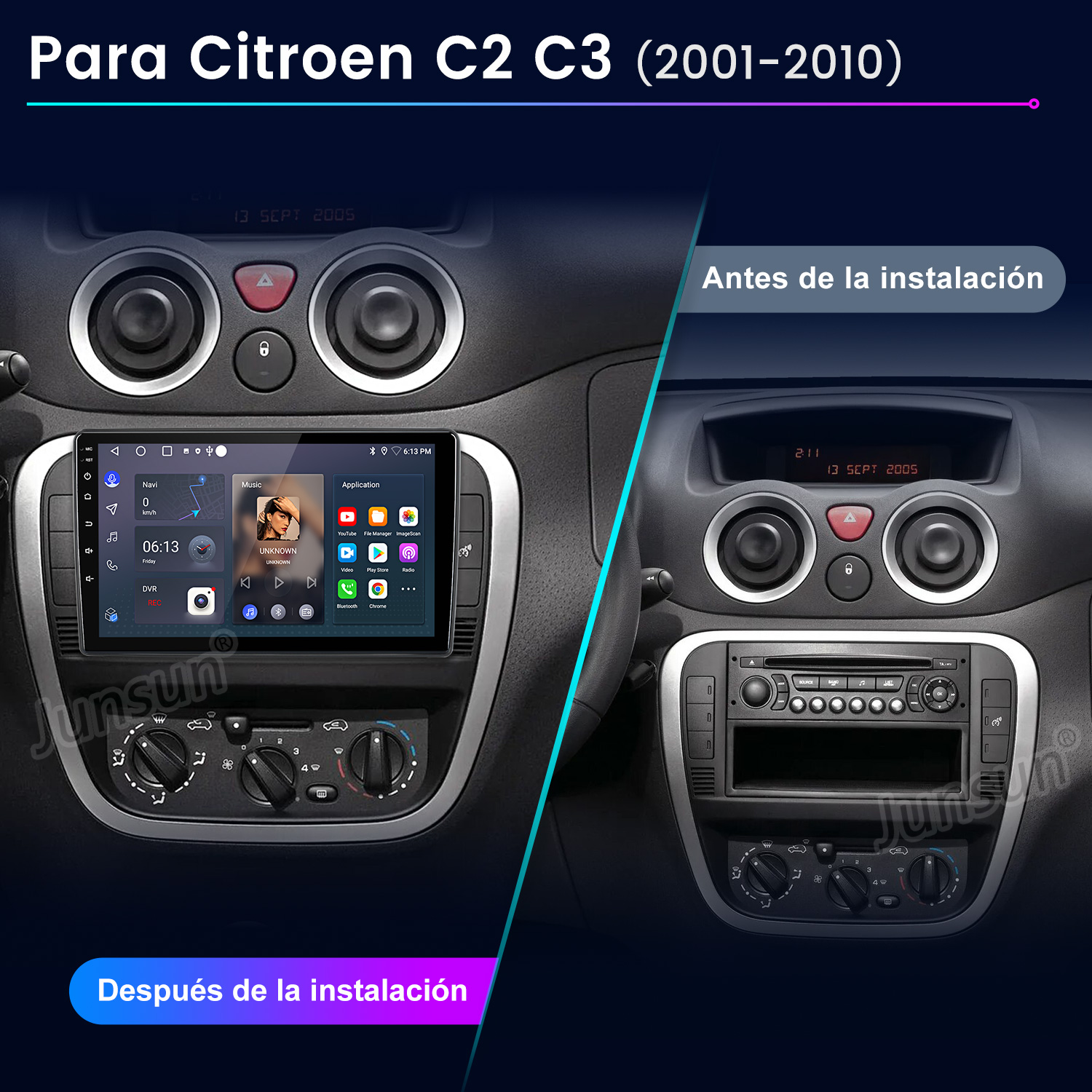 Porównanie deski rozdzielczej samochodu: przed i po instalacji systemu multimedialnego. Pokazuje stare radio i nowy ekran dotykowy.