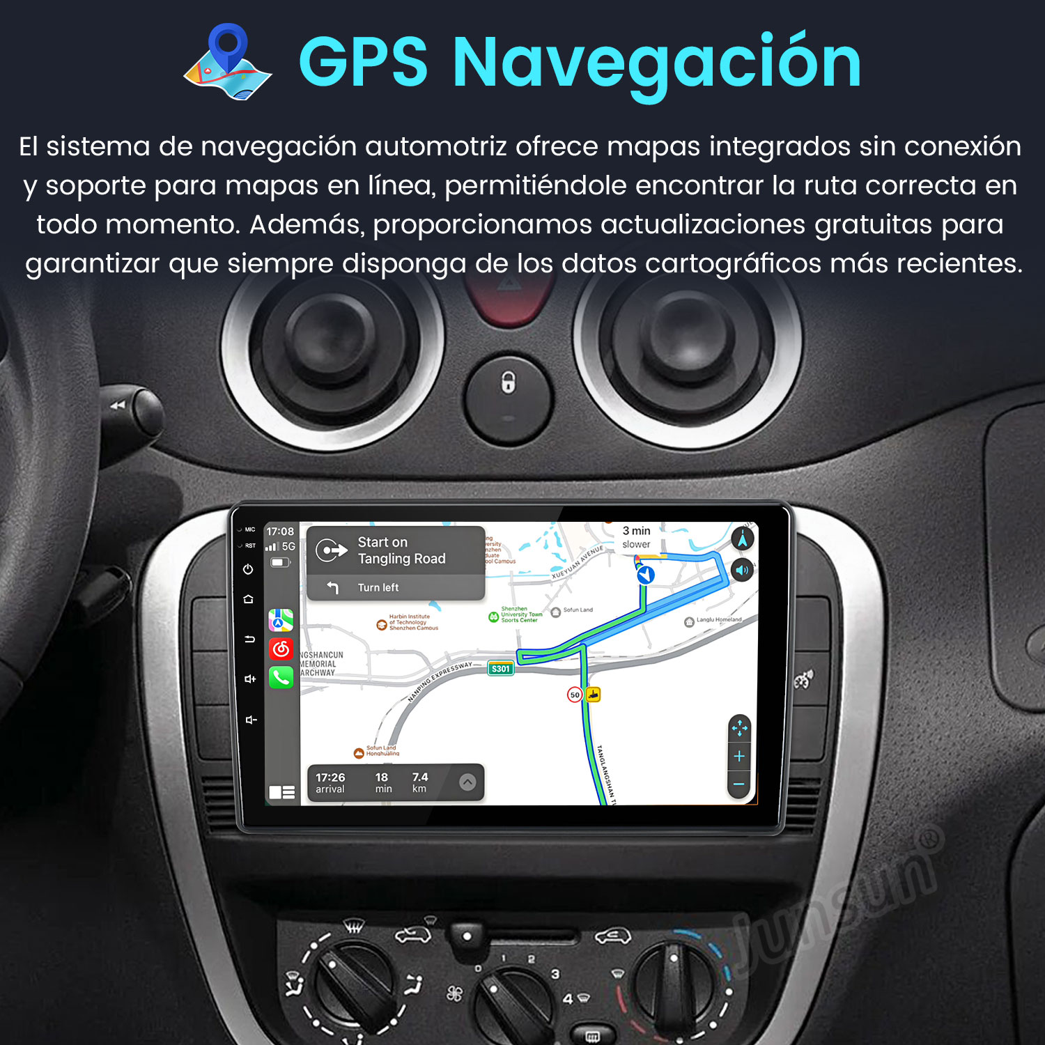 Ekran nawigacji samochodowej wyświetla mapę z prowadzeniem po trasie, czasem i odległością. Wnętrze samochodu widoczne.