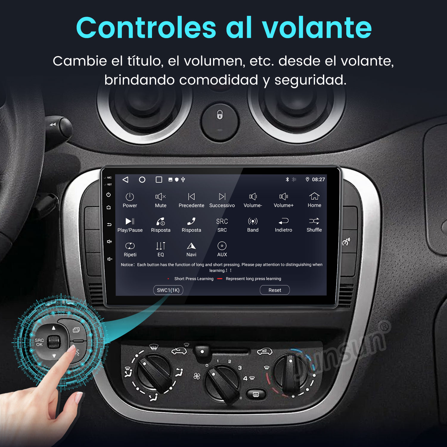 Deska rozdzielcza samochodu z ekranem dotykowym. Ręka naciska przycisk na sterowaniu kierownicy. Tekst w języku hiszpańskim.