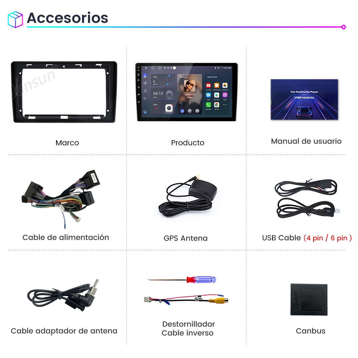 Imagen muestra accesorios multimedia para automóviles: marco, pantalla del producto, manual del usuario, cable de alimentación, antena GPS, cable USB, adaptador.