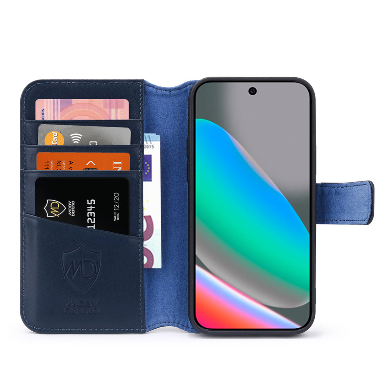Blauwe portemonnee met een telefoon. Portemonnee heeft kaartsleuven met kaarten en contant geld. De telefoon staat rechts.