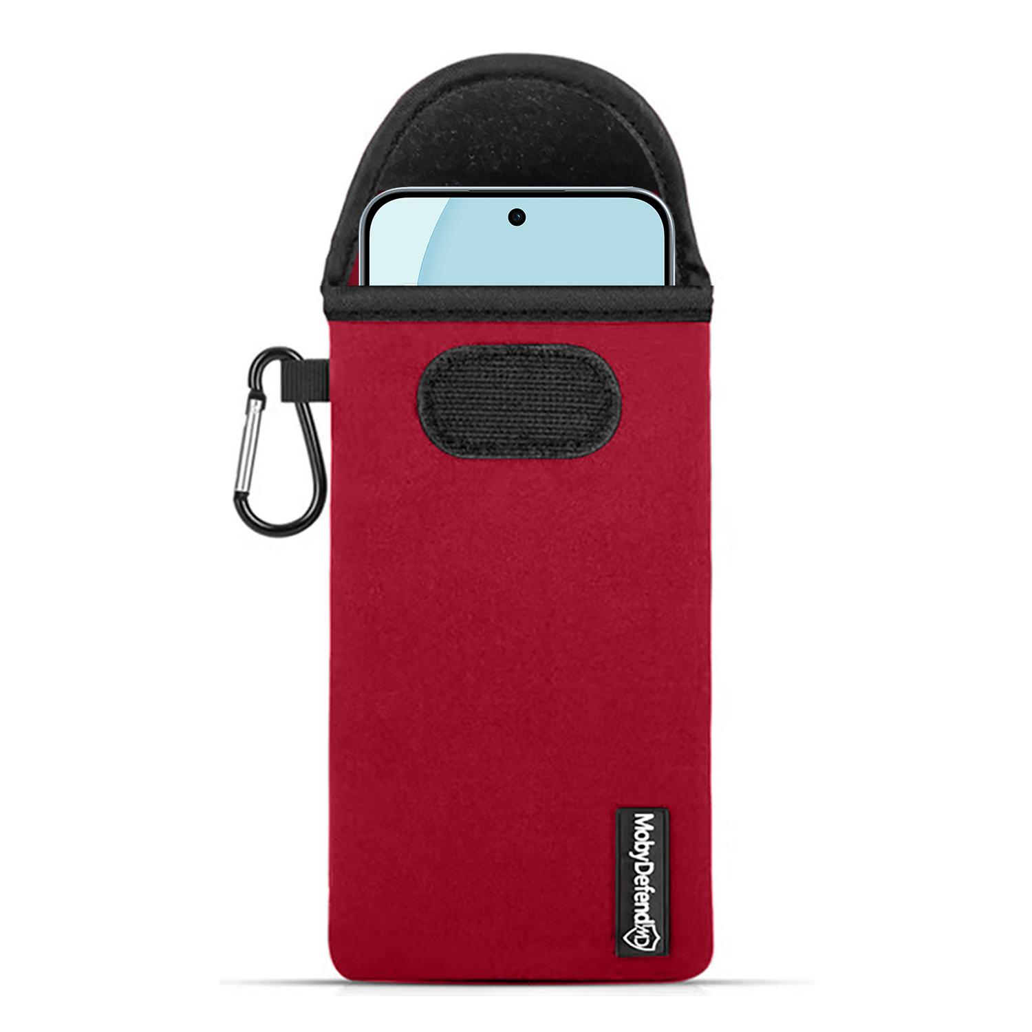 Een rode telefoonhoes met een telefoon erin. Het heeft een zwarte bovenkant en een karabijnhaak. Het merk 'MobyDefend' is zichtbaar.