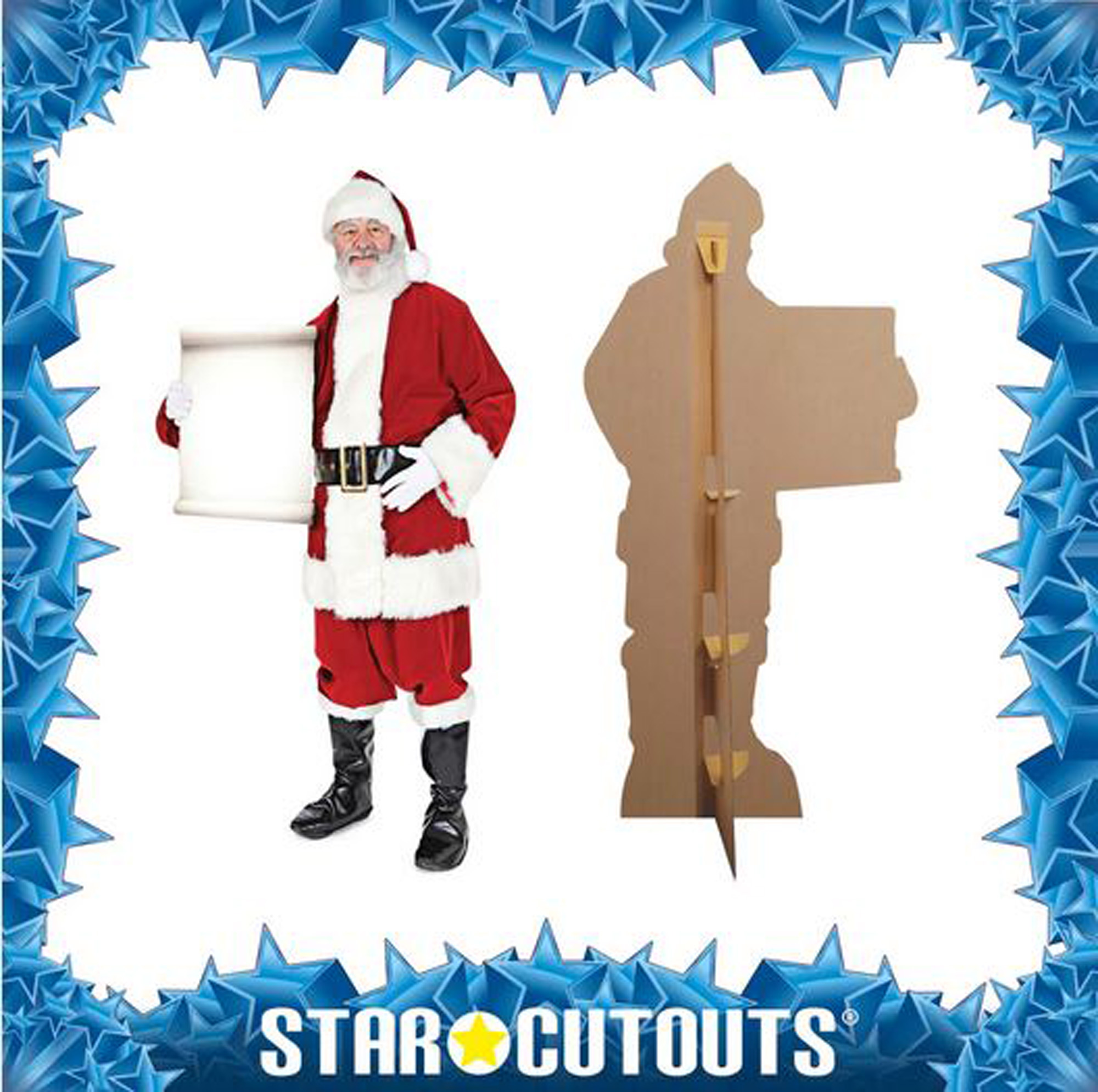 Weihnachtsmann-Ausschnitt mit Schriftrolle, neben einem Papp-Ausschnitt des Weihnachtsmanns. Blauer Sternrahmen und Star Cutouts Logo.