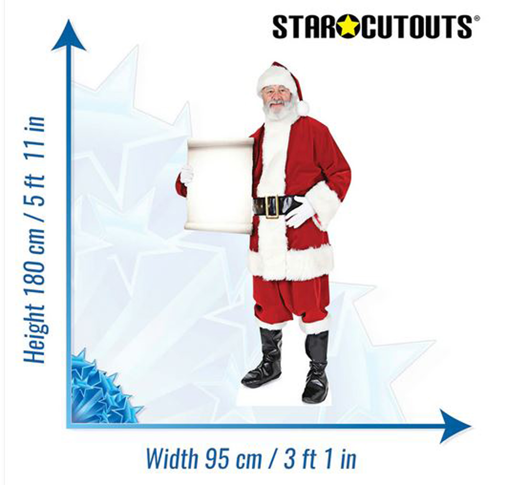 Weihnachtsmann-Ausschnitt hält eine Schriftrolle. Er trägt einen roten Anzug mit weißem Besatz, schwarze Stiefel und einen Weihnachtsmütze. Abmessungen sind angegeben.