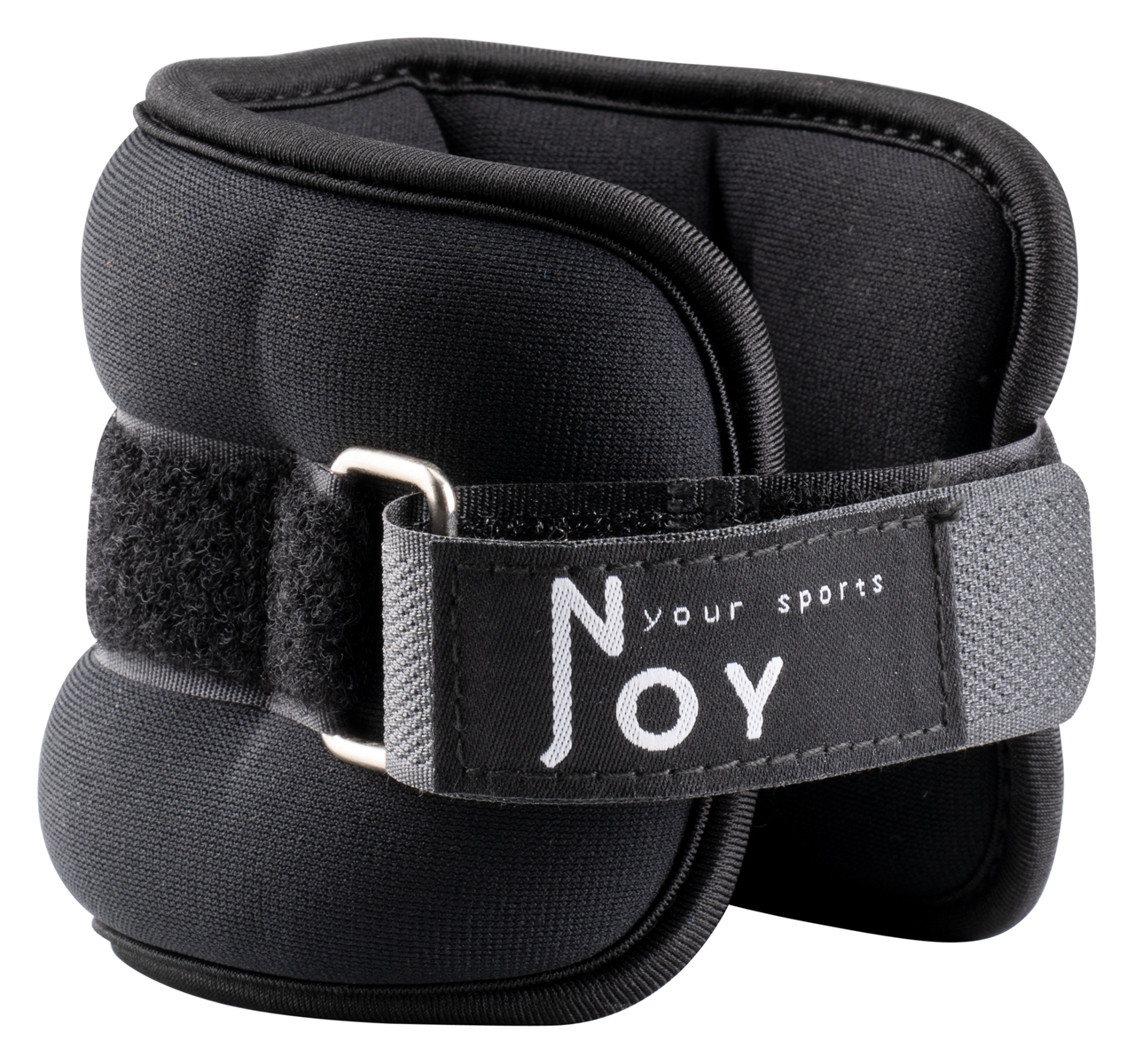 Schwarzes Knöchelgewicht mit Klettverschluss und Metallschnalle. Die Marke "Noy your sports" ist auf einem grauen Riemen zu sehen.