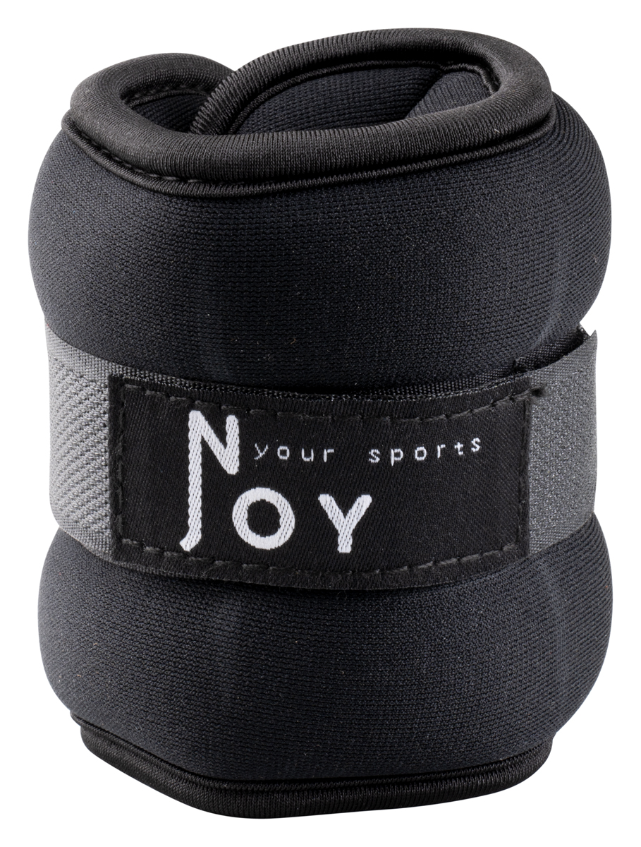 Schwarze Knöchelgewichte mit grauem Riemen. Der Markenname 'Noy' ist sichtbar. Es wird für Sport verwendet. Der Hintergrund ist weiß.