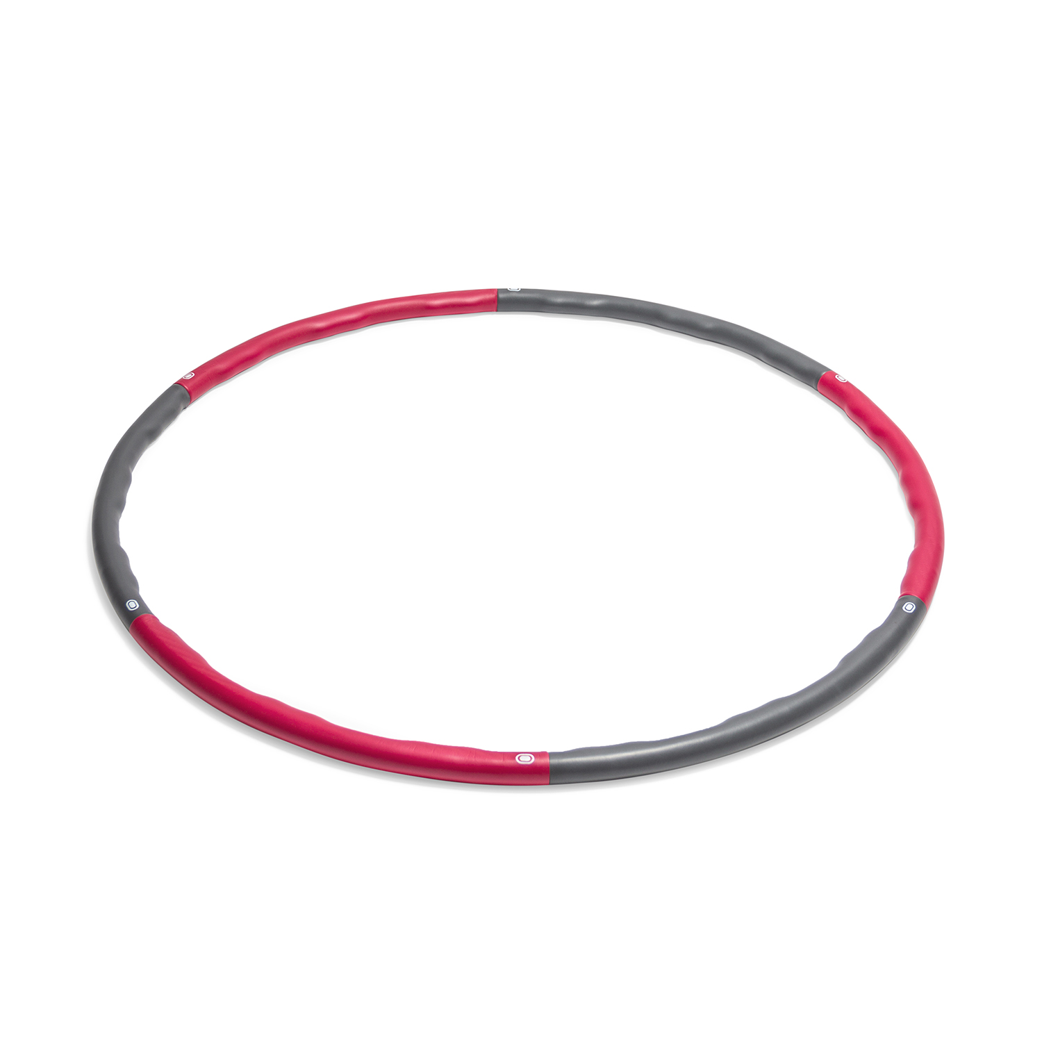 Ein Hula-Hoop mit roten und grauen Abschnitten. Der Reifen befindet sich auf weißem Hintergrund.