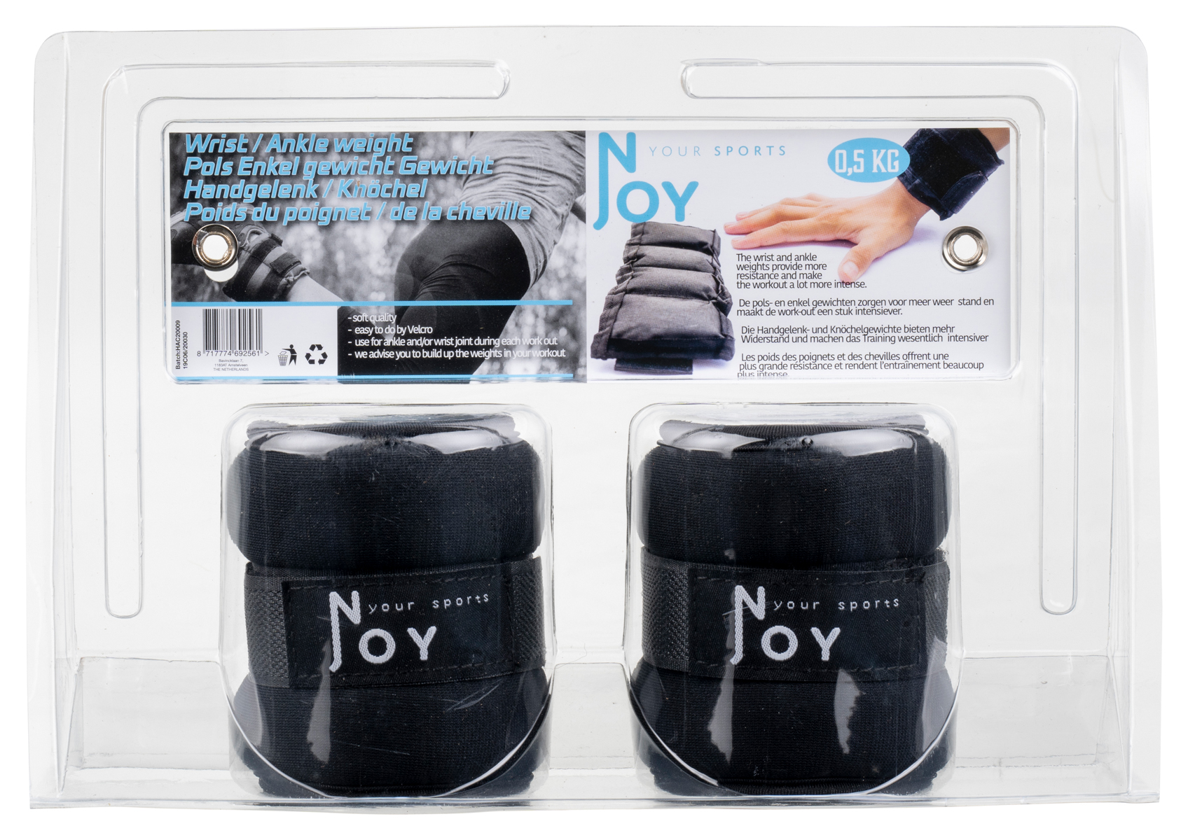 Schwarze Handgelenk- und Knöchelgewichte in einer transparenten Kunststoffverpackung mit dem 'Noy'-Logo.