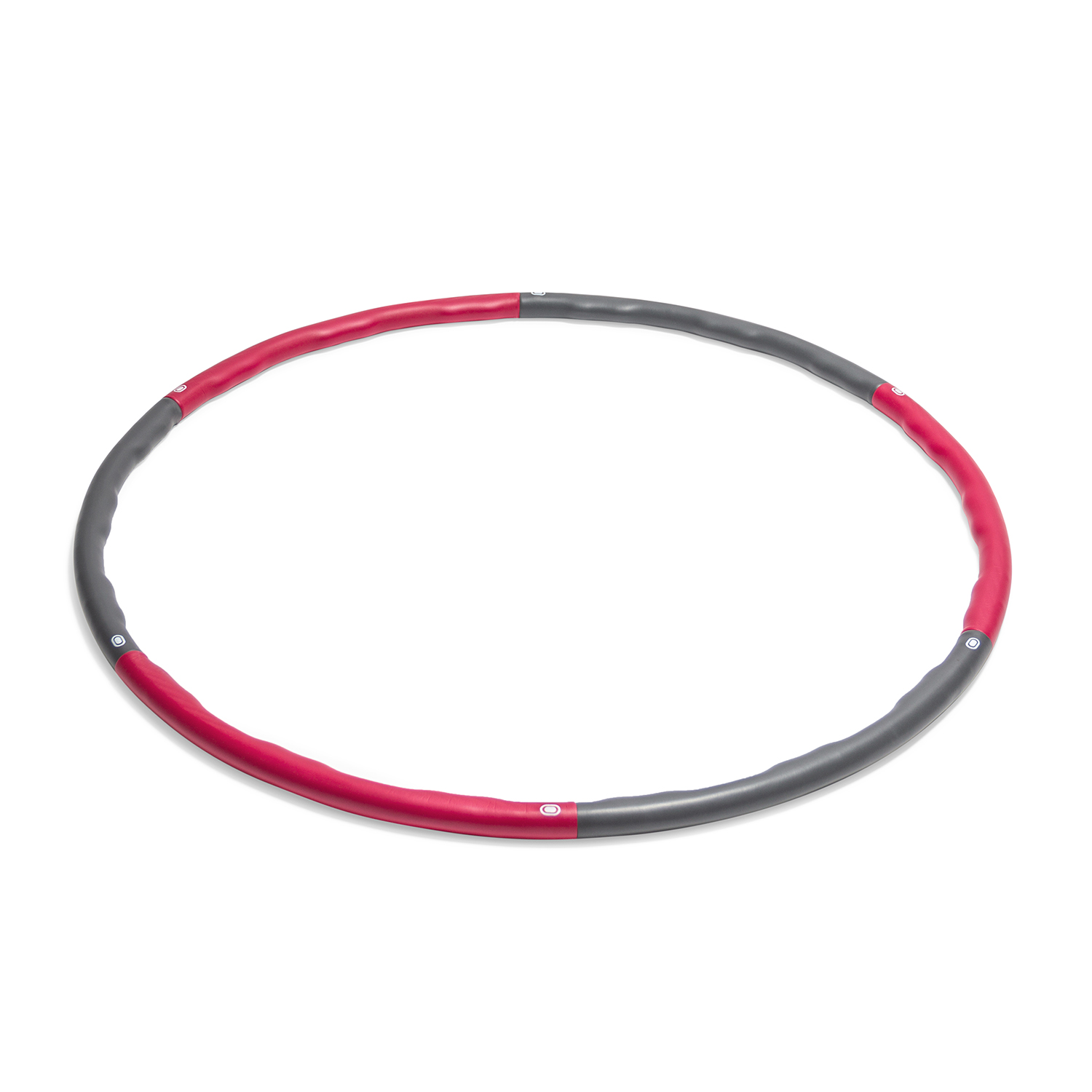 Ein Hula-Hoop-Reifen mit abwechselnden roten und grauen Abschnitten. Er befindet sich auf weißem Hintergrund.