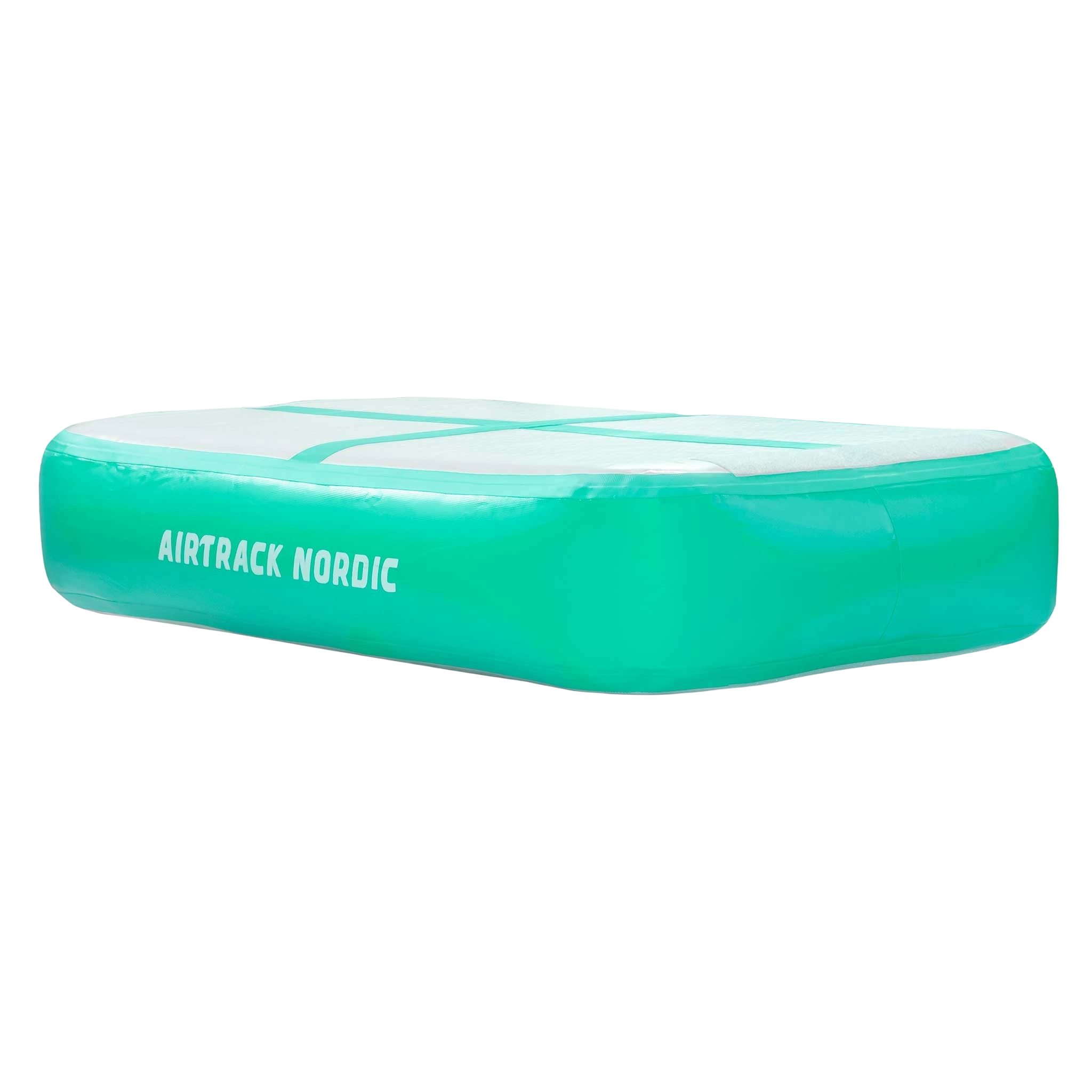 Nadmuchiwana zielona mata Airtrack Nordic na czarnym tle. Ma biały tekst i białe linie krzyżowe.