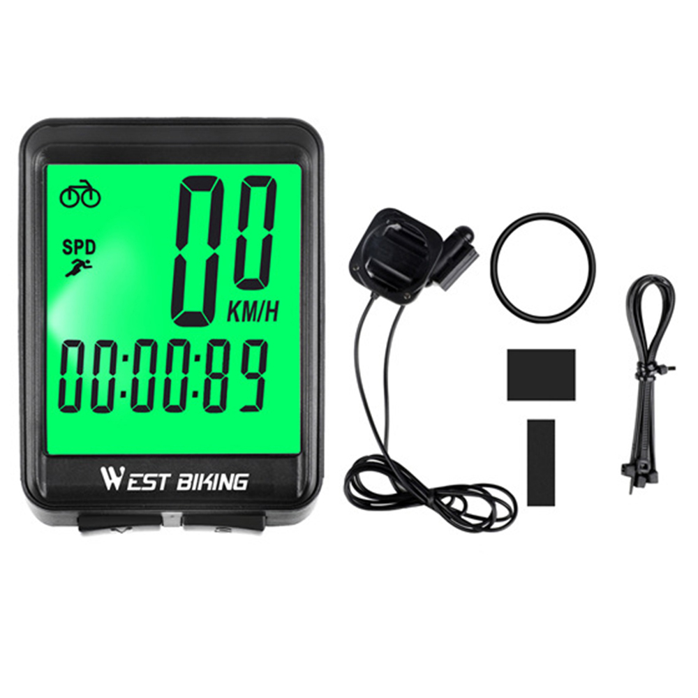 Ein schwarzer Fahrradcomputer mit grünem Display, das 00 km/h und 00:00:89 anzeigt. Zubehör: Sensor, Halterungen und Kabelbinder.