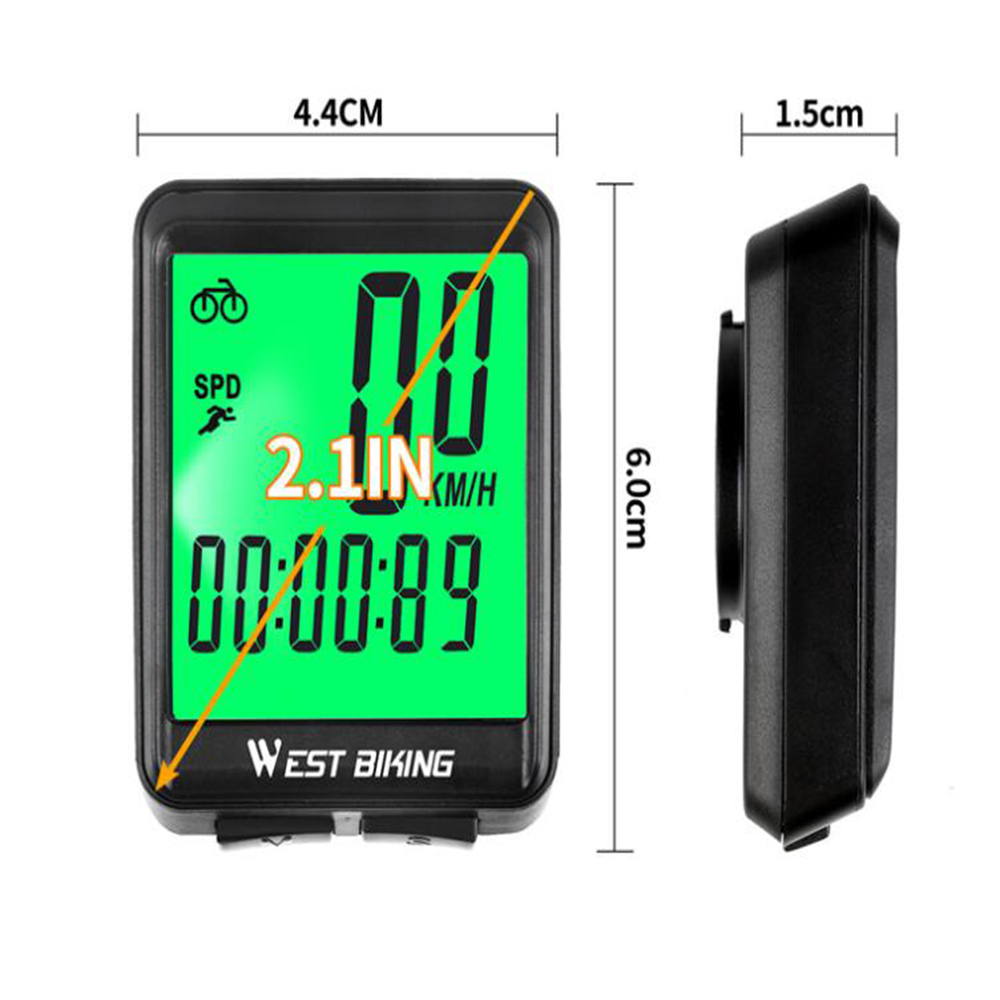 Ein schwarz-grüner Fahrradcomputer zeigt Geschwindigkeit, Zeit und Markennamen an. Die Abmessungen sind mit 4,4 cm, 1,5 cm und 6,0 cm angegeben.