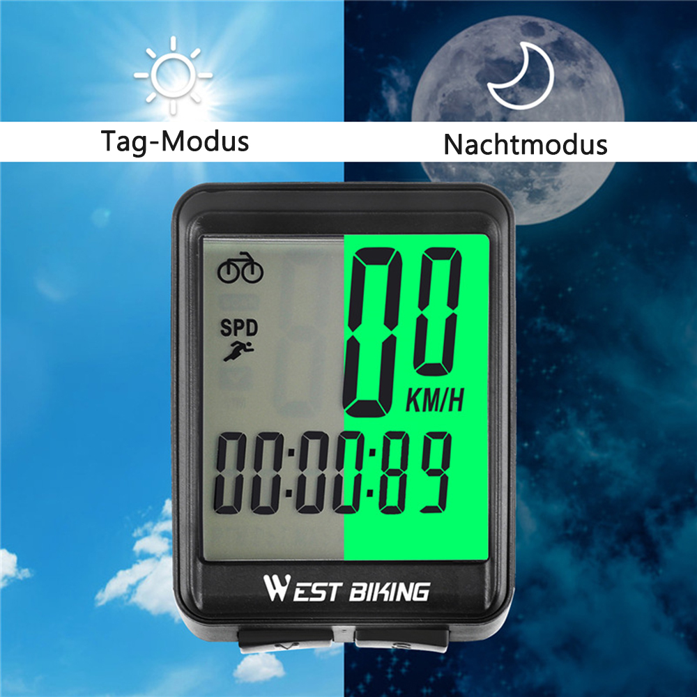 Fahrradcomputer mit 00 km/h und 00:00:89. Tag- und Nachtmodus Hintergrund mit Sonnen- und Mondillustrationen.