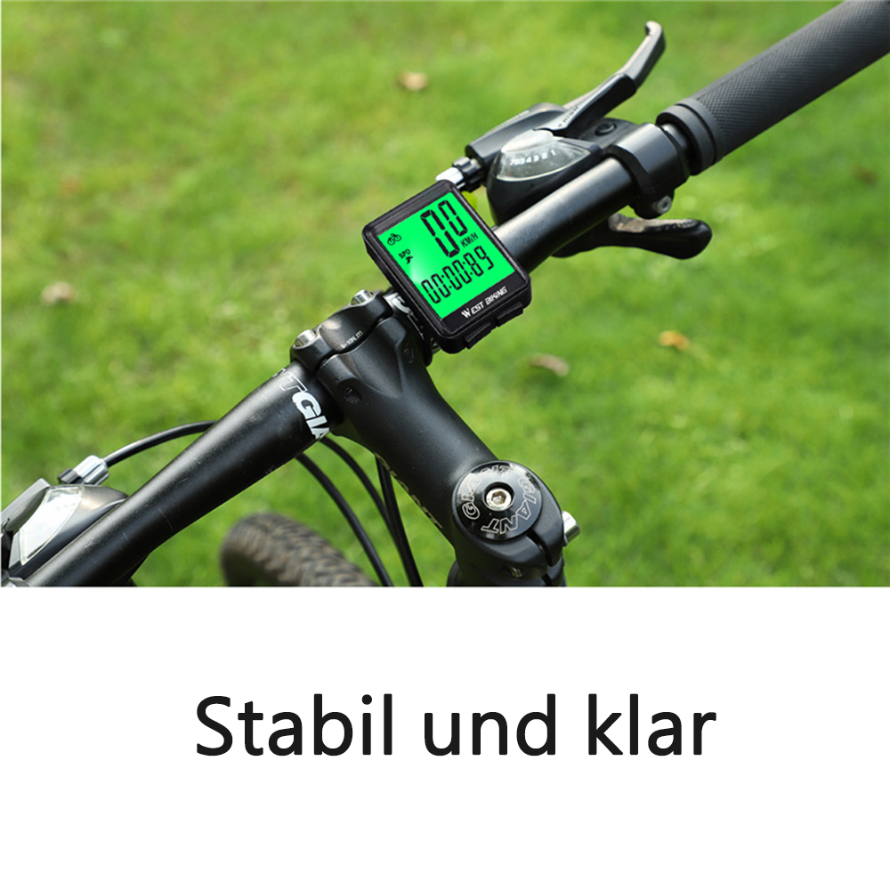 Fahrradlenker mit Digitalanzeige, die die Geschwindigkeit anzeigt. Grünes Gras im Hintergrund. Der Text 'Stabil und klar' steht unten.