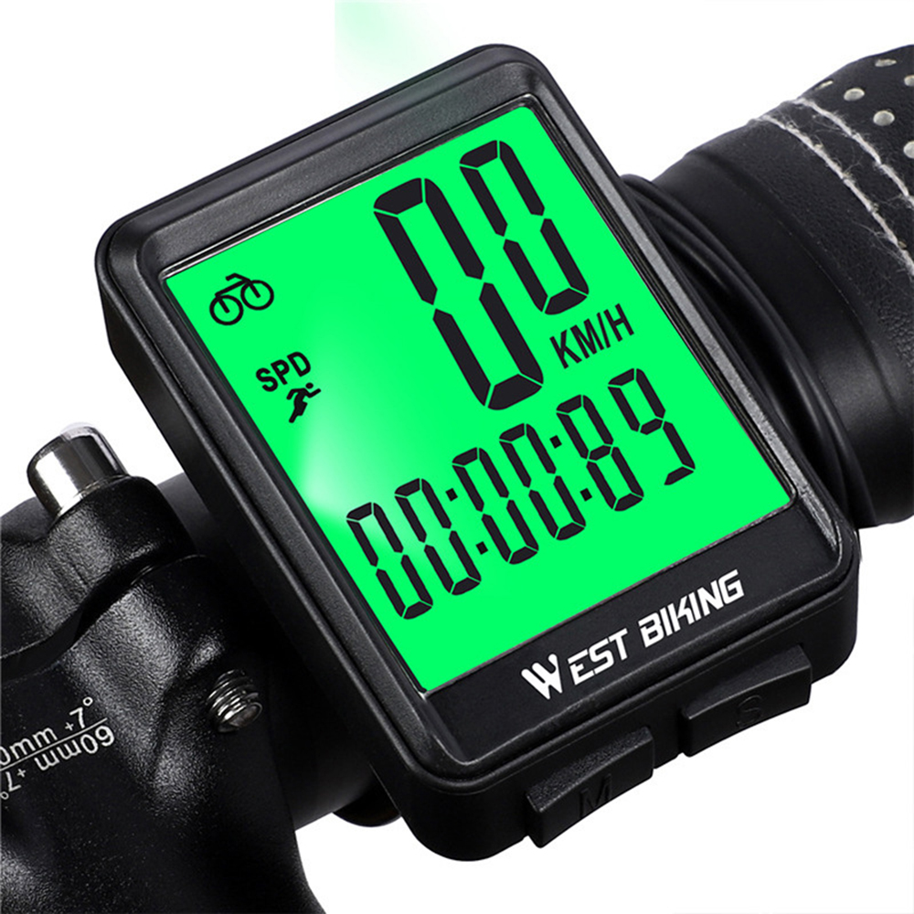 Ein Fahrradtacho zeigt '00' km/h und die Zeit '00:00:89' an. Er ist an einem Fahrradlenker befestigt. Die Marke ist West Biking.
