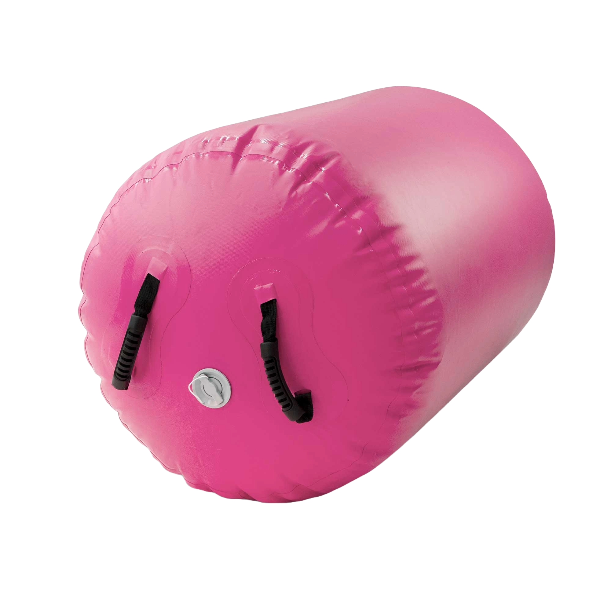 Różowy nadmuchiwany cylinder na czarnym tle. Ma dwa czarne uchwyty i zawór.