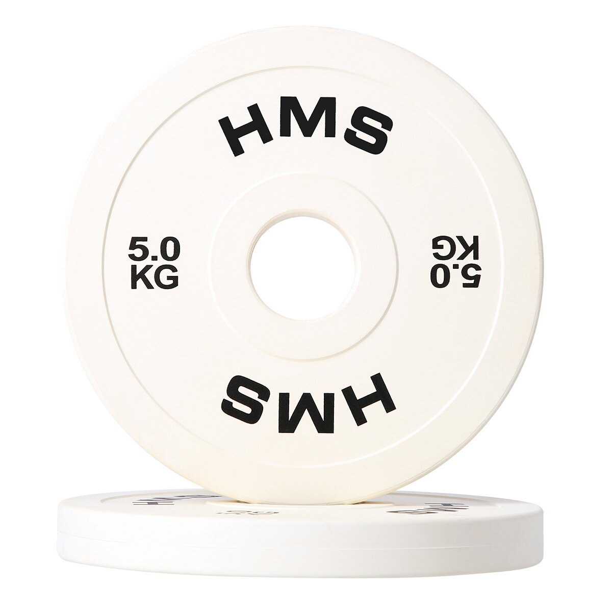 Zwei weiße HMS-Gewichtsplatten sind gestapelt. Jede hat 5,0 KG und das HMS/SWH-Logo. Eine liegt auf der anderen.
