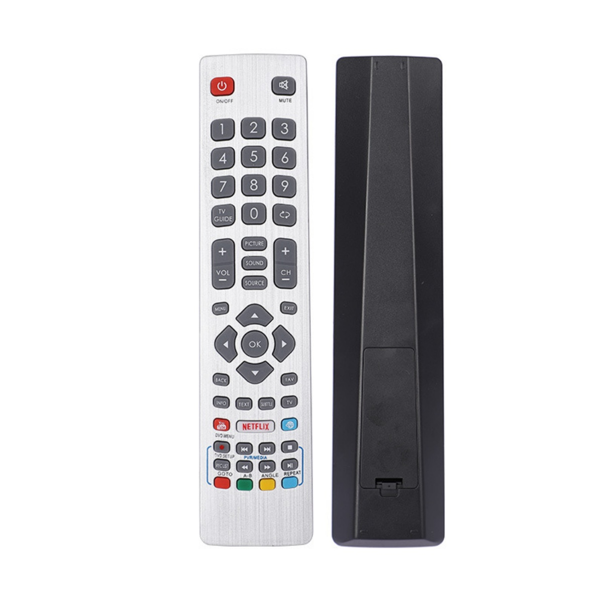 Eine silberne TV-Fernbedienung mit schwarzen Knöpfen und einer schwarzen Batteriefachabdeckung. Tasten umfassen Nummern, Lautstärke, Kanal und Netflix.