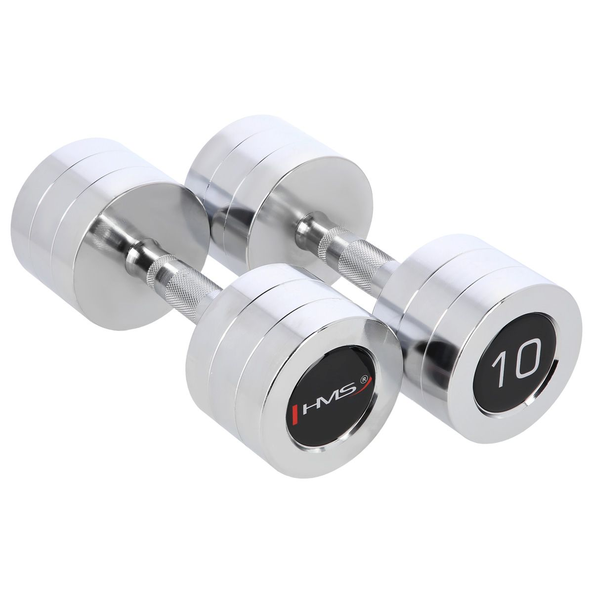 Zwei Chrom-Kurzhanteln. Eine zeigt eine 10 auf einem schwarzen Kreis. Die andere hat ein HMS-Logo.