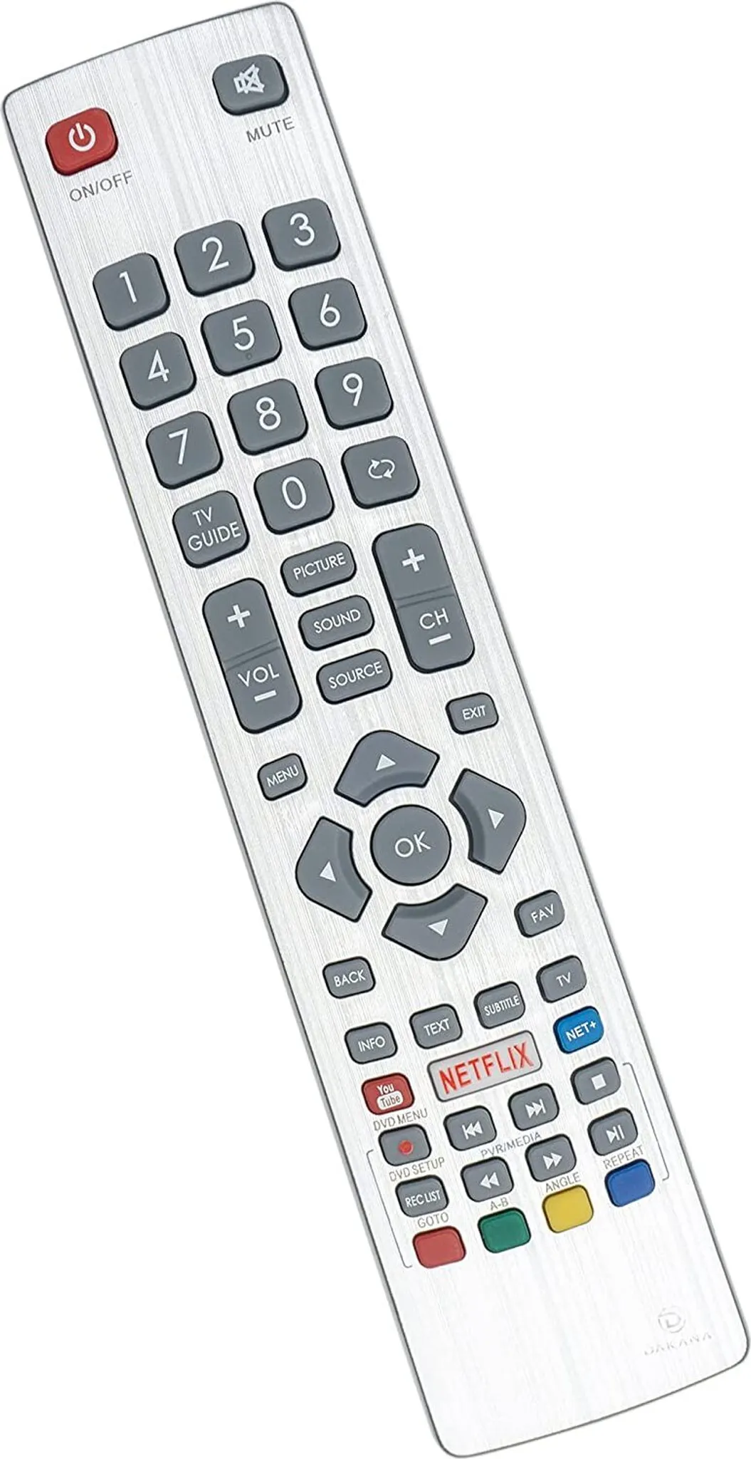 Eine silberne TV-Fernbedienung mit vielen Tasten, darunter Zahlen, Lautstärke, Kanal und Netflix. Sie hat eine rote Ein-/Aus-Taste.