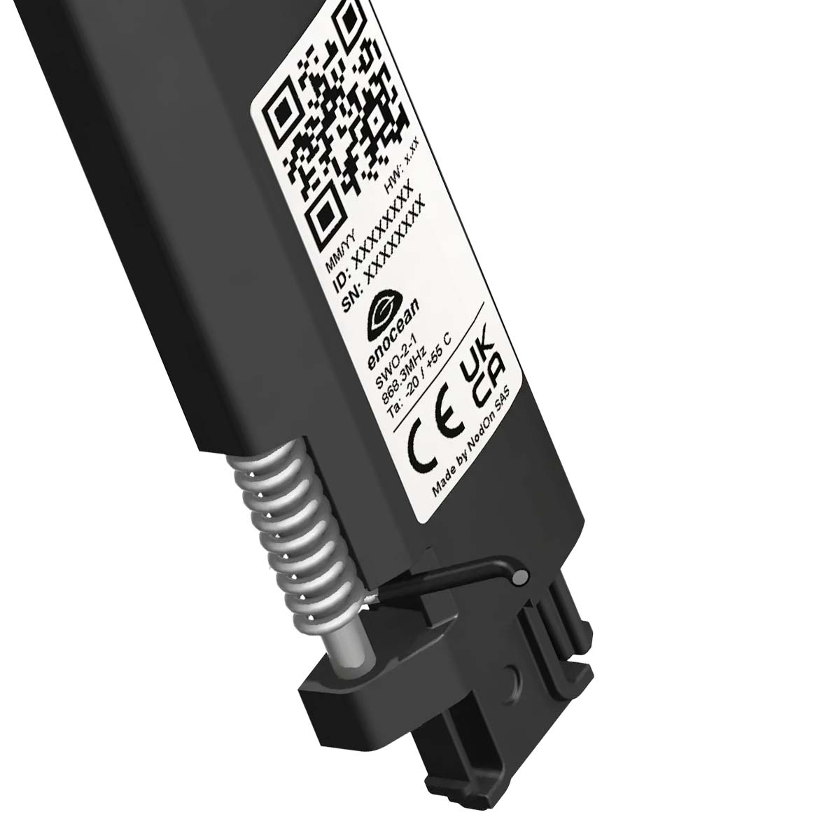 Un dispositivo elettronico nero con un'etichetta bianca che mostra dettagli come un codice QR, il logo 'enocean' e specifiche tecniche.