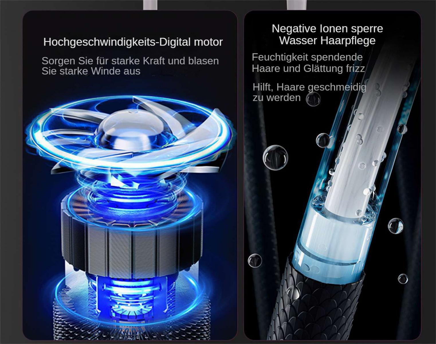 Das Bild zeigt die inneren Komponenten eines Haartrockners und die Haarpflege. Die linke Seite zeigt einen Motor mit einem Lüfter, die rechte Haare.