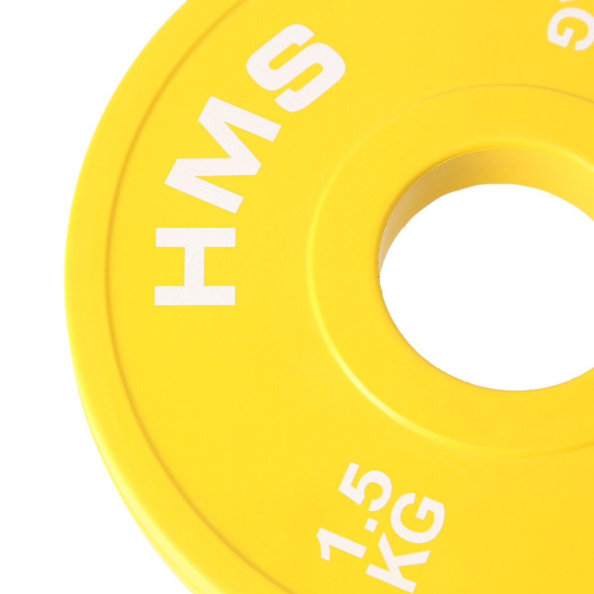 Primo piano di un disco pesi giallo con la scritta 'HMS' e '1,5 KG'. Lo sfondo è bianco.