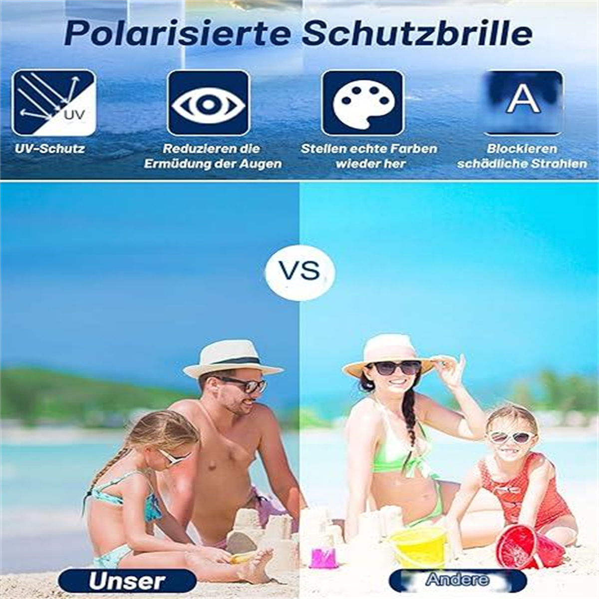 Das Bild zeigt die Vorteile polarisierter Sonnenbrillen. Familien am Strand, eine Seite mit normalem Sehen, die andere mit Sonnenbrillen. Text vergleicht die beiden.