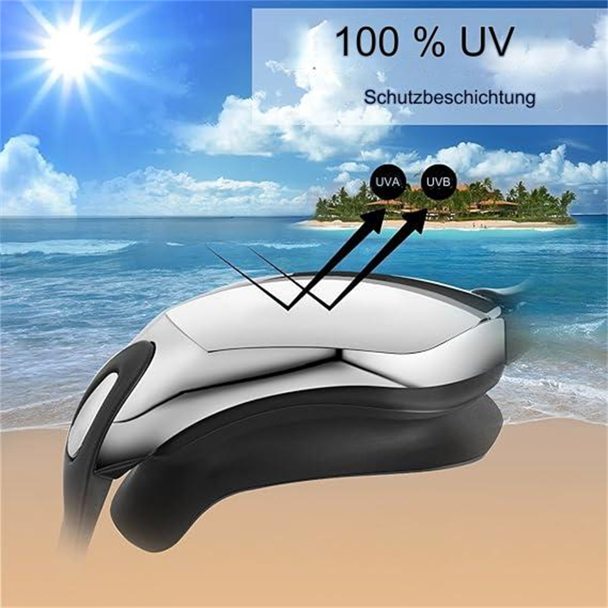 Sonnenbrille mit Strandhintergrund, 100% UV-Schutz-Etikett. Die Gläser sind chromfarben und schwarz.