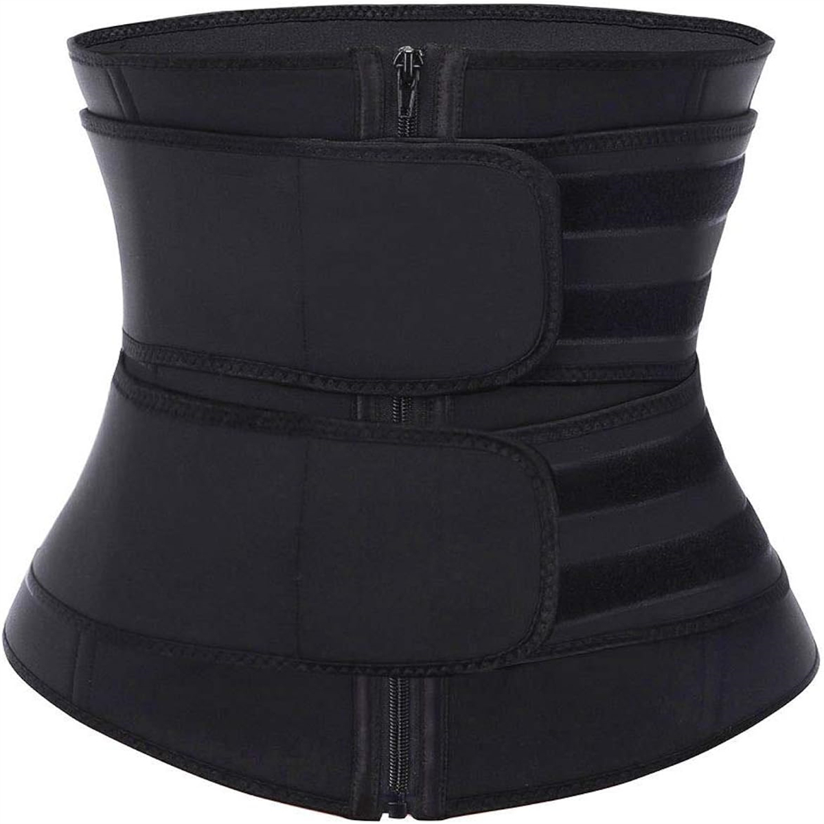 Ein schwarzer Taillentrainer mit Reißverschlüssen, Trägern und Klettverschlüssen. Es soll die Taille zusammenziehen und Halt bieten.