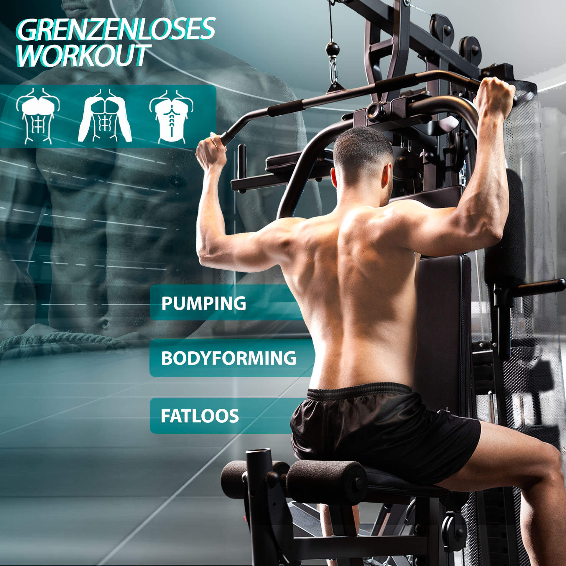 Mann trainiert Rücken an einer Gymnastikmaschine. Text: Pumping, Bodyforming, Fatloos. Verschwommene Bauchmuskeln und Text.