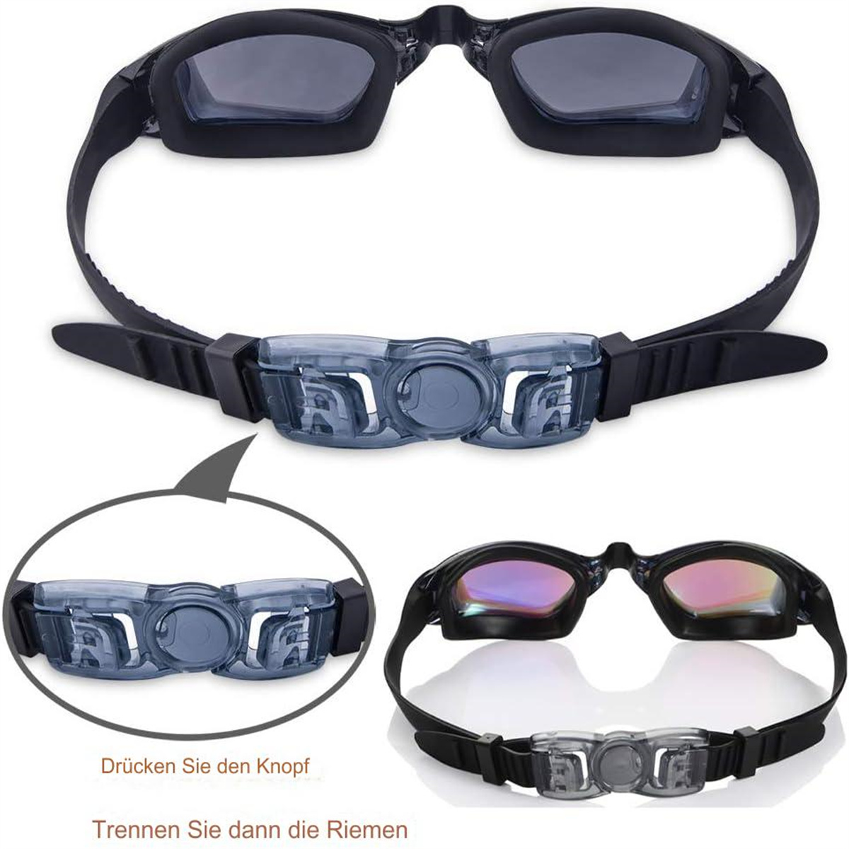 Schwimmbrille, schwarzer Rahmen, dunkle Gläser. Enthält eine Nahaufnahme des Nasenstegs. Anweisungen sind auf Deutsch.