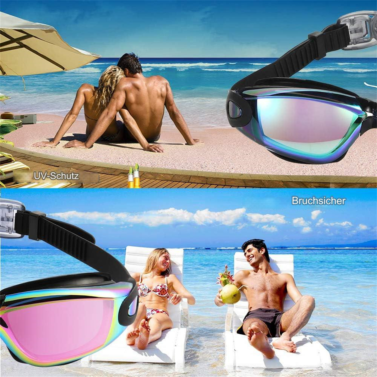 Strandszene: Paar im Sand, Schwimmbrille, Paar in Stühlen mit Getränken. Blauer Himmel und Meer im Hintergrund.