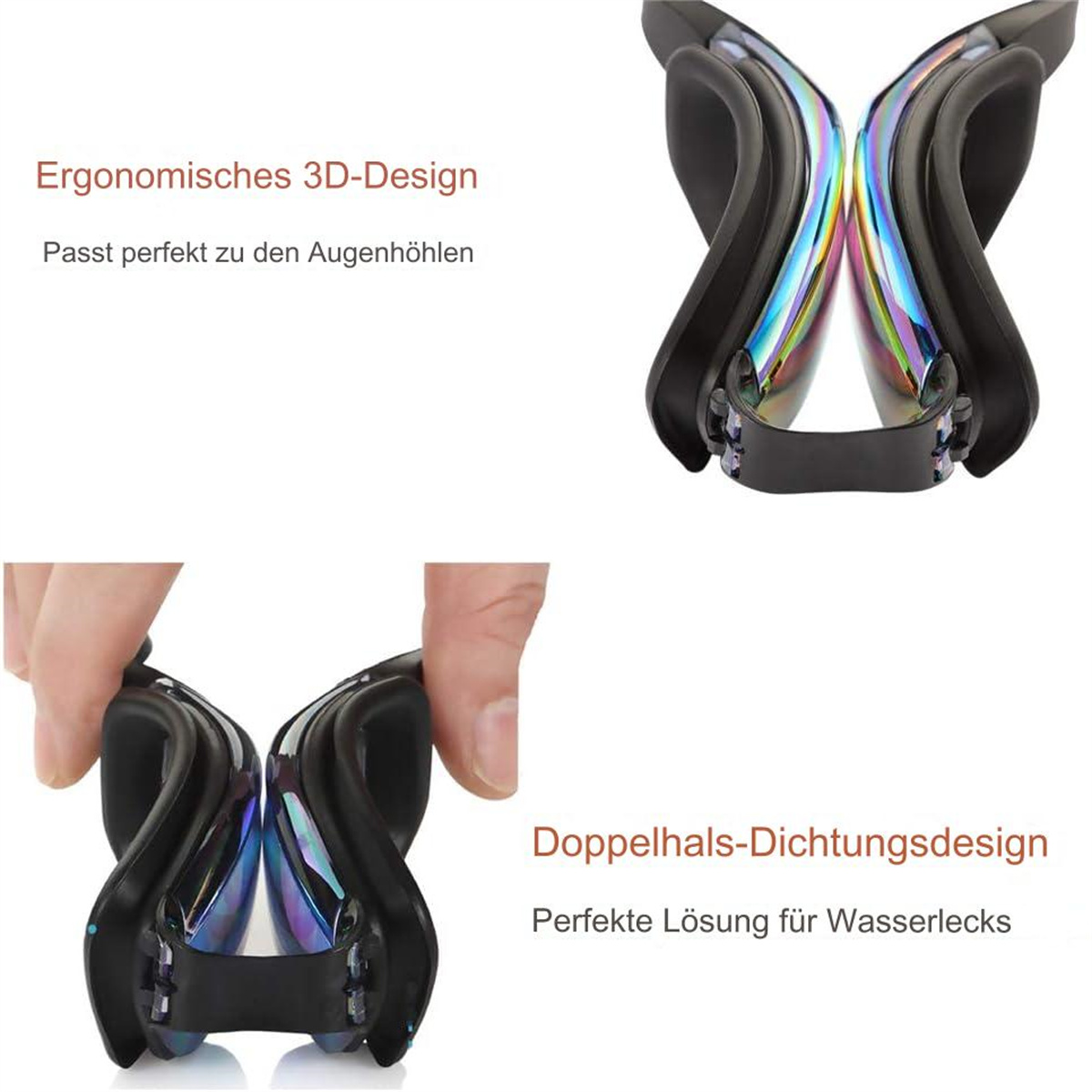 Schwarze Schwimmbrille mit farbiger Linse wird in verschiedenen Winkeln gezeigt. Hände halten die Brille, und Text steht an der Seite.
