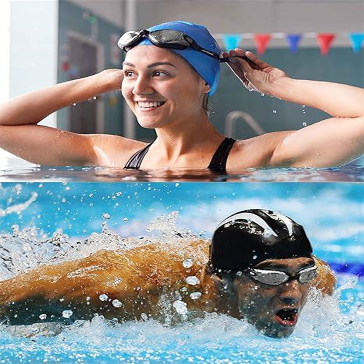 Eine Frau mit blauer Kappe passt eine Brille im Pool an. Ein Mann schwimmt, Wasser spritzt. Beide tragen Badekappen und Brillen.