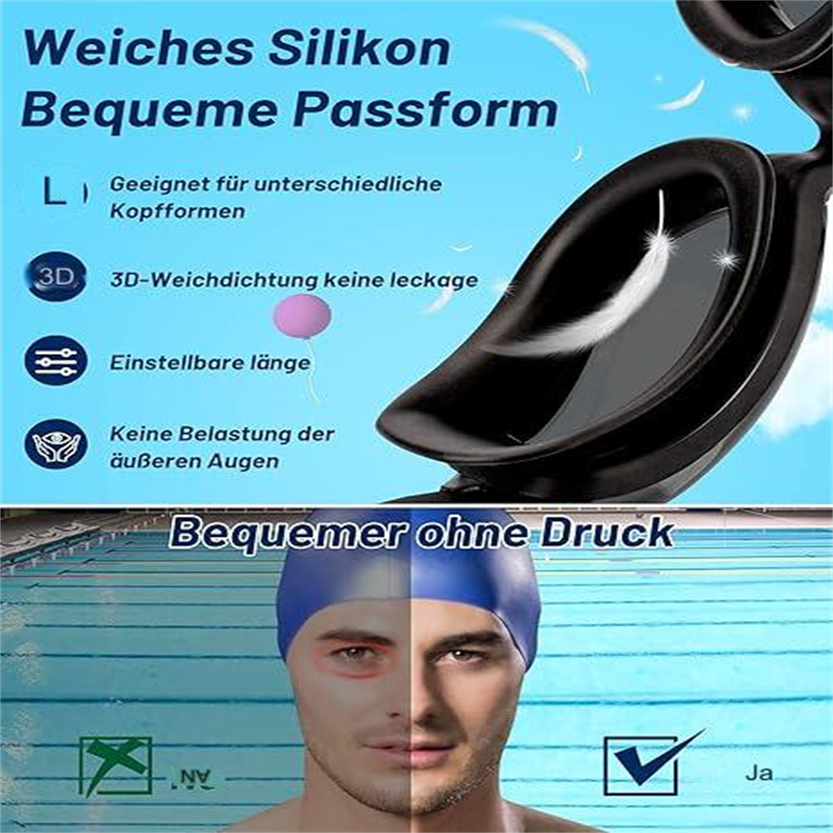 Schwarze Schwimmbrille mit Text und ein geteiltes Gesicht eines Mannes mit blauer Badekappe. Ein Pool ist im Hintergrund.