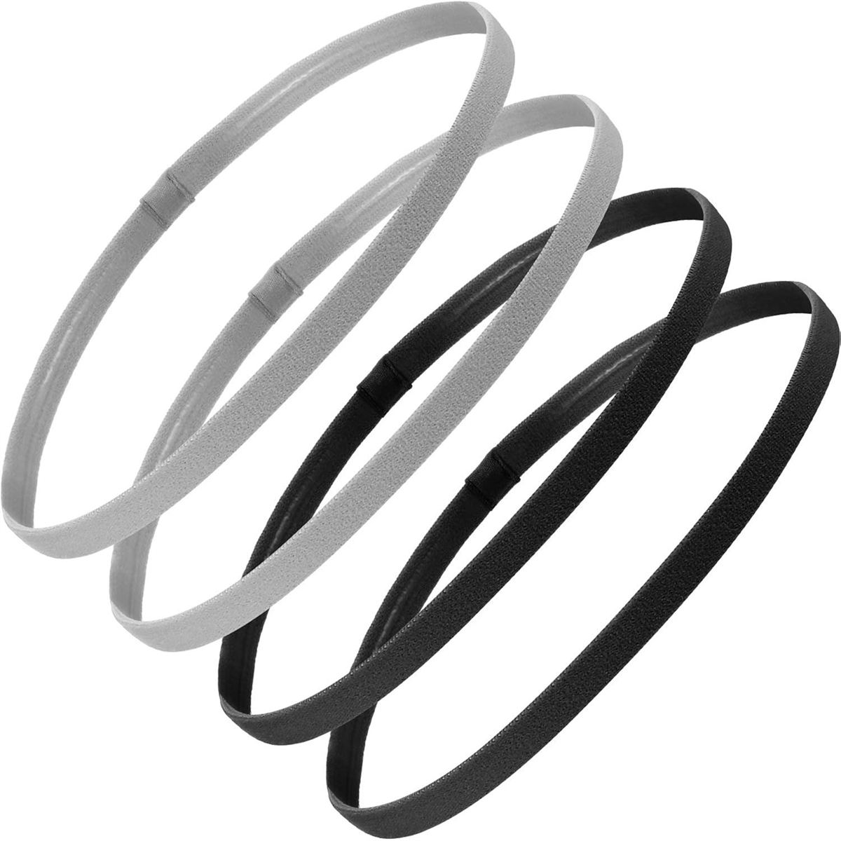 Vier dünne Stirnbänder. Zwei grau, zwei schwarz. Stirnbänder sind kreisförmig und haben ein einfaches Design. Sie überlappen sich. Weißer Hintergrund.