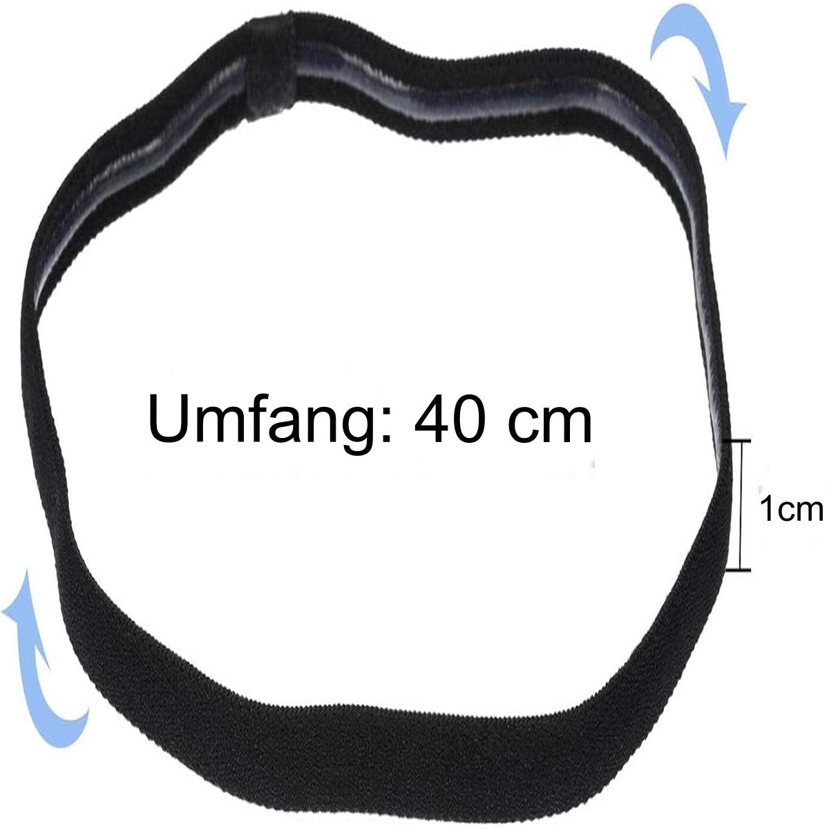 Schwarzes Stirnband mit weißem Text: Umfang: 40 cm und eine Größenangabe 1 cm. Pfeile zeigen um das Stirnband. Weißer Hintergrund.
