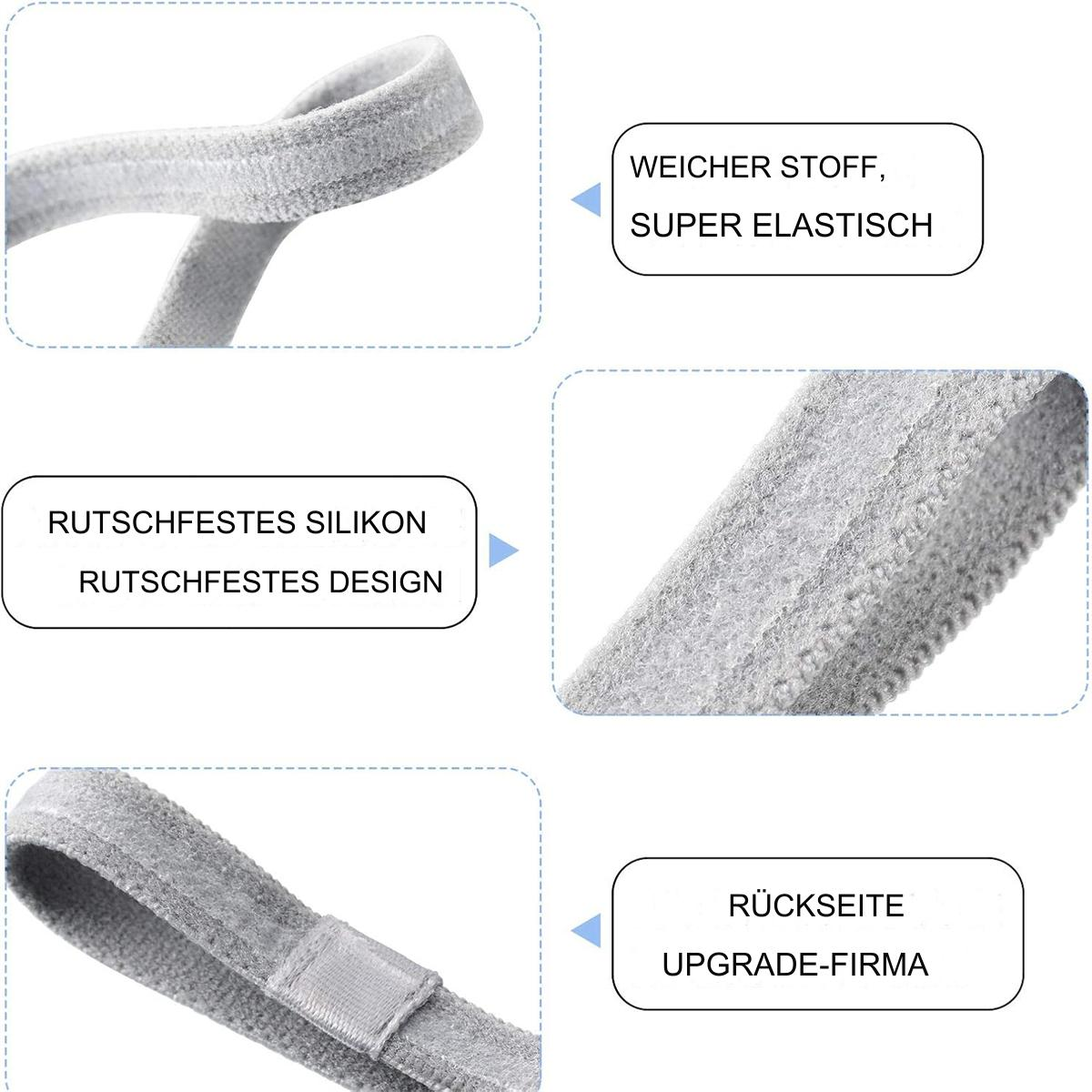 Nahaufnahme eines grauen Stirnbandes. Textfelder beschreiben weichen, elastischen Stoff, rutschfestes Silikon und die Rückseite.