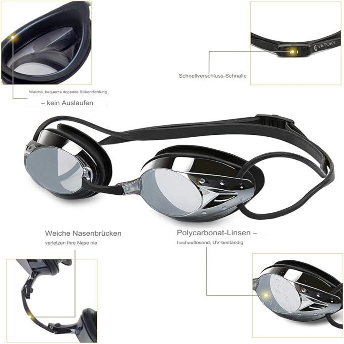 Schwimmbrille mit schwarzen Rahmen, silbernen Gläsern und einem schwarzen Riemen. Details sind Schnellverschluss und weiche Nasenbrücken.