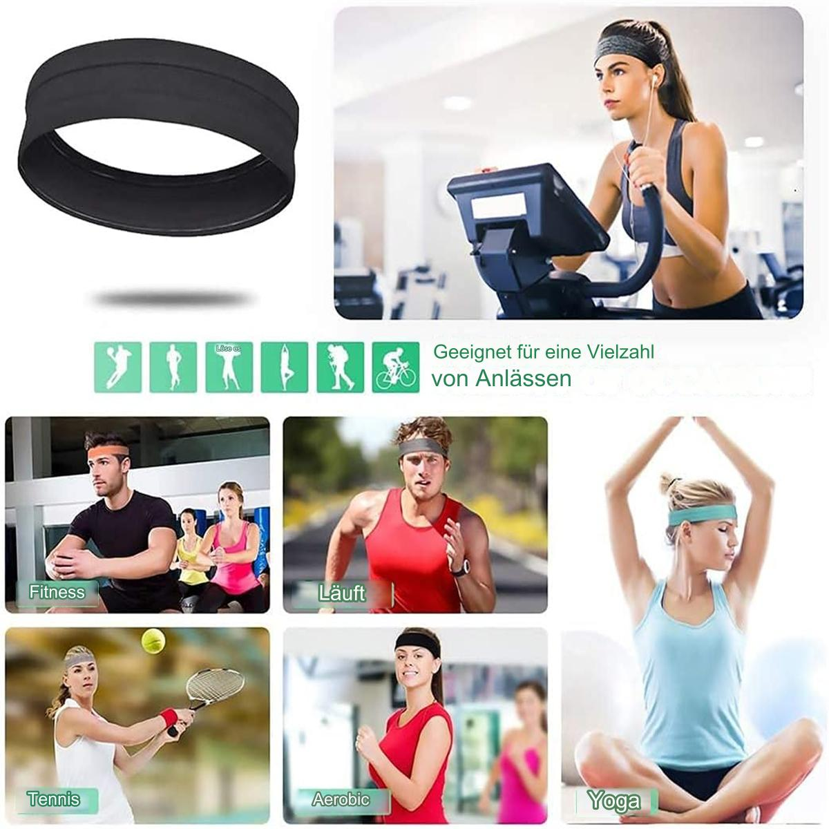Das Bild zeigt ein schwarzes Stirnband und Menschen, die es benutzen. Aktivitäten sind Laufen, Tennis, Yoga und Aerobic. Das Stirnband ist für Fitness.