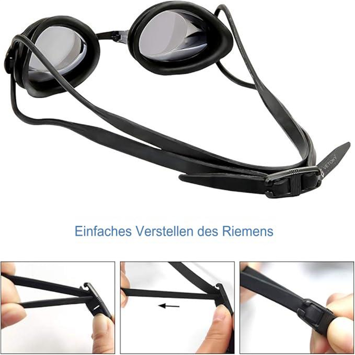 Schwarze Schwimmbrille mit verspiegelten Gläsern und verstellbarem Riemen. Drei Detailbilder zeigen die Riemenverstellung.