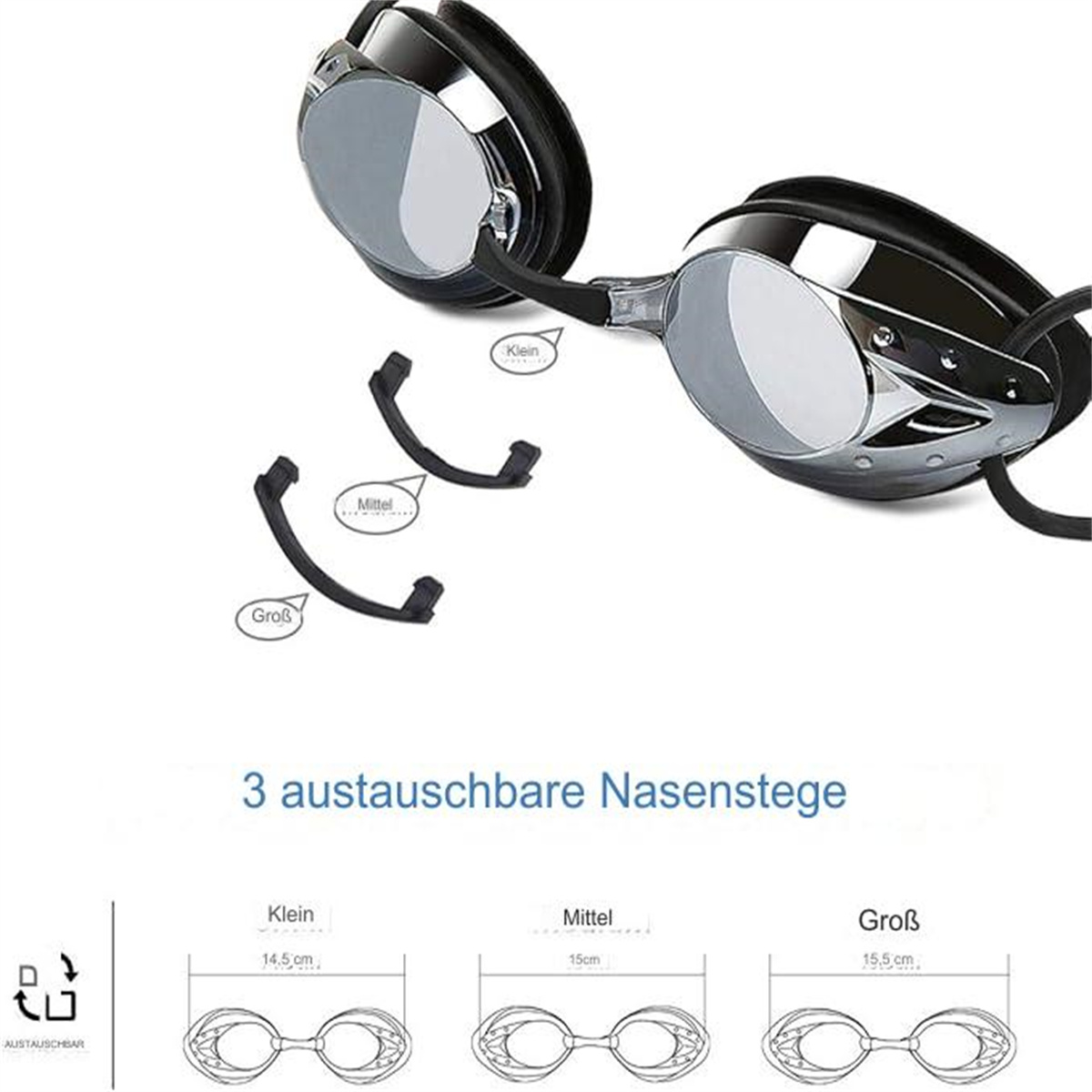 Schwimmbrille mit drei austauschbaren Nasenbrücken: klein, mittel und groß, zusammen mit Diagrammen und Maßen.