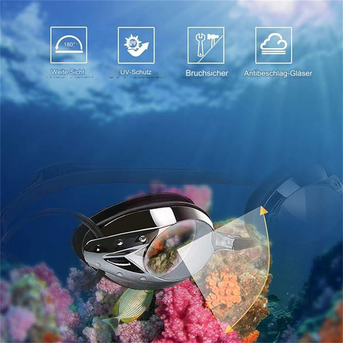 Schwarze und silberne Tauchmaske unter Wasser. Korallenriff sichtbar. Oben: Symbole für Weitwinkel, UV-Schutz, bruchsicher und Antibeschlag.