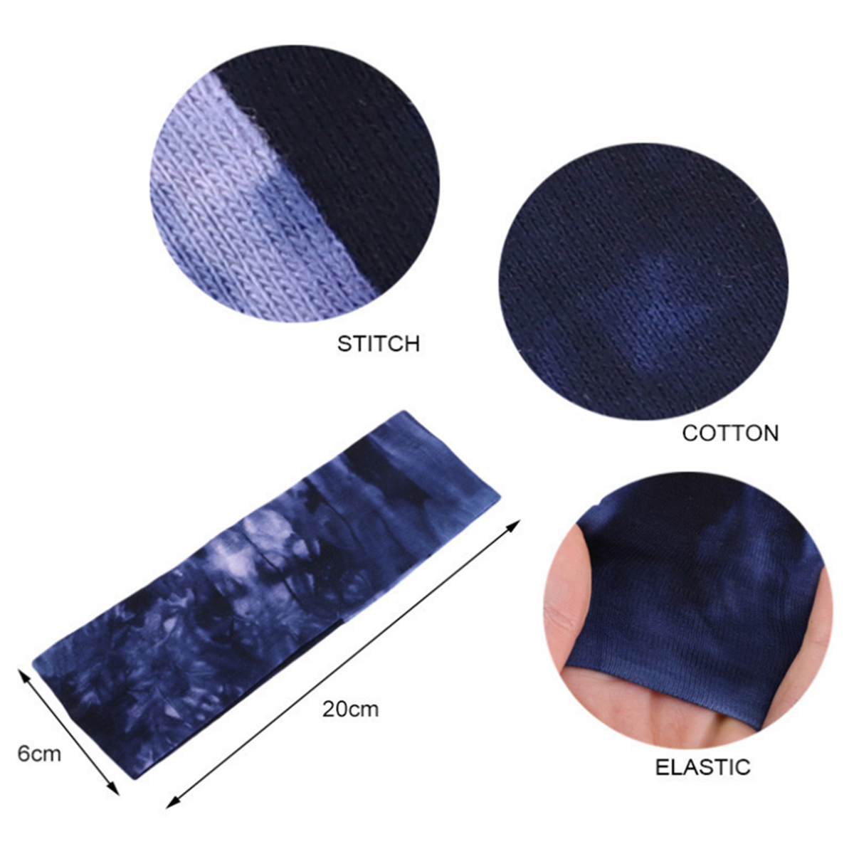 Ein Stirnband mit Batikmuster. Nahaufnahmen zeigen Stich-, Baumwoll- und elastische Texturen. Maße sind 20 cm lang und 6 cm breit.