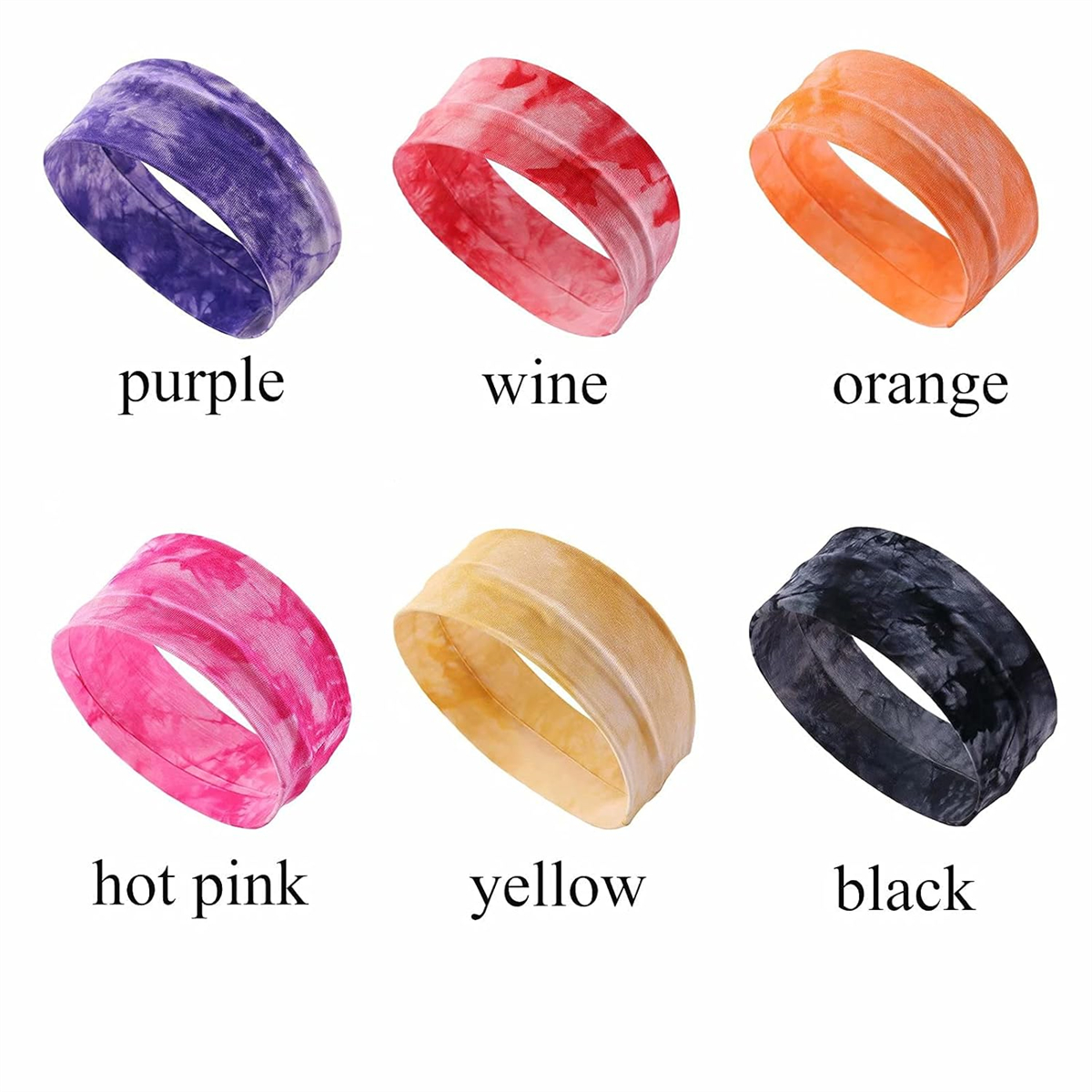 Sechs Stirnbänder in verschiedenen Farben: Lila, Weinrot, Orange, Pink, Gelb und Schwarz. Jedes ist mit seinem Farbnamen beschriftet.