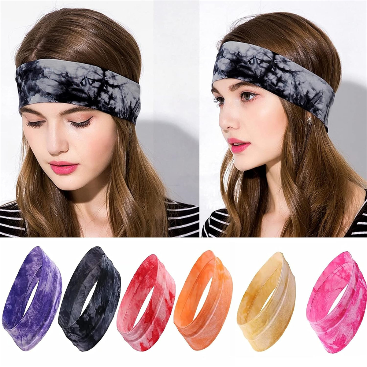 Zwei Frauen mit Batik-Stirnbändern. Darunter eine Reihe von Stirnbändern in verschiedenen Farben.