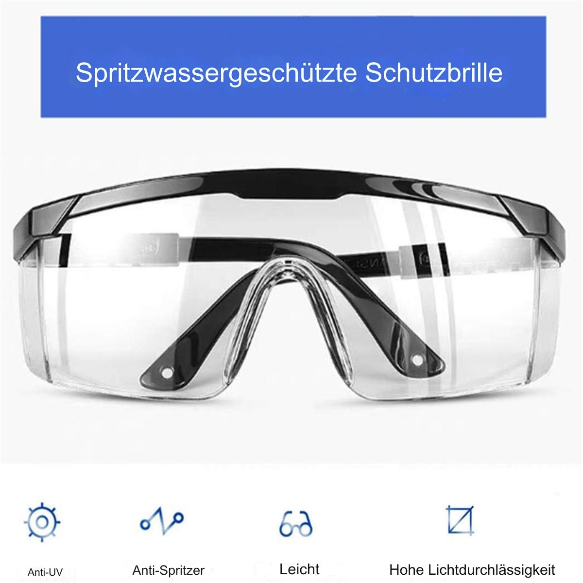 Klare Schutzbrille mit schwarzem Rahmen. Der Text oben lautet Spritzwassergeschützte Schutzbrille. Unten gibt es vier Symbole.